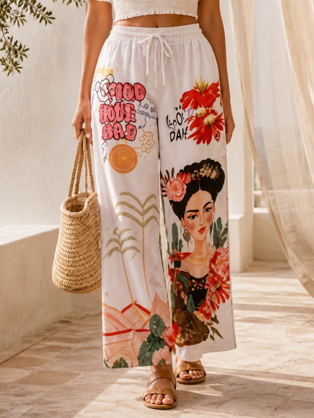 White Wide-Leg Graphic Pants with Floral Portrait of Frida. Linen Blend OS NWT